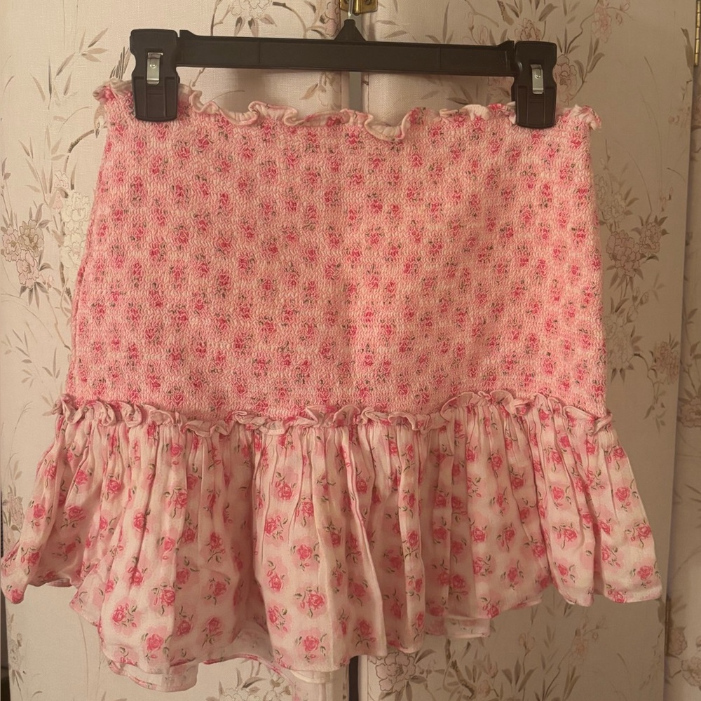 LoveShackFancy Pink Floral Mini Skirt